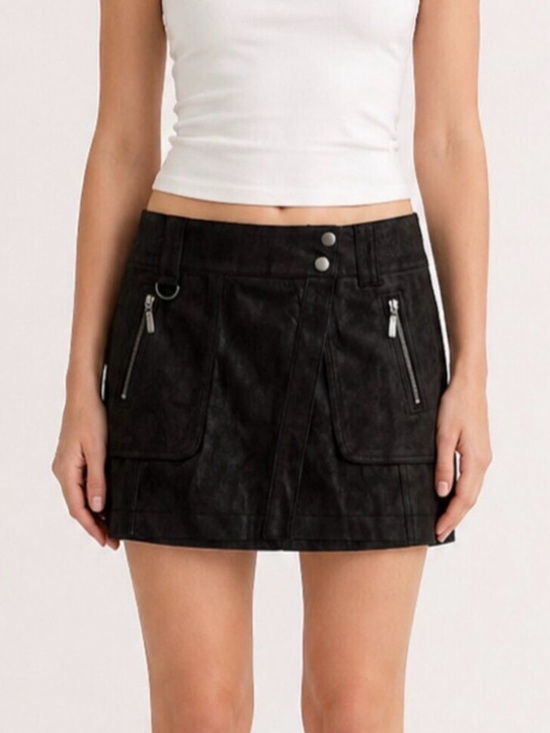 Free People Dresses & Skirts - Free People Black Faux Leather Suede Mini Skirt with Zip Accents Size S
